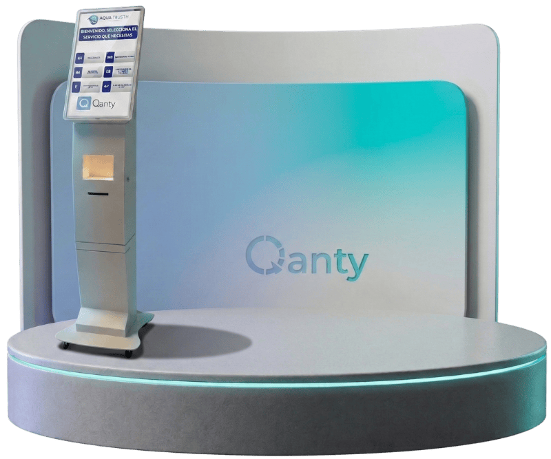 Photograph of a Qanty interactive touch screen ticket dispenser kiosk, showing the appointment scheduling system interface