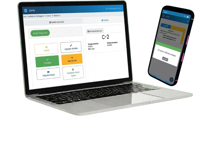 Qanty queue management platform dashboard on a laptop